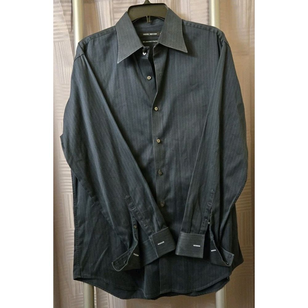 Men's Gene Meyer Green Pin-Striped Button Down Dress Shirt 16/32-33